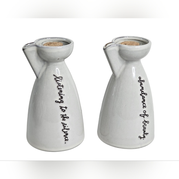 Rae Dunn Clay Ceramic Sentiment Spouted Cruets Oil & Vinegar Set of 2 w/Quotes - Picture 2 of 8